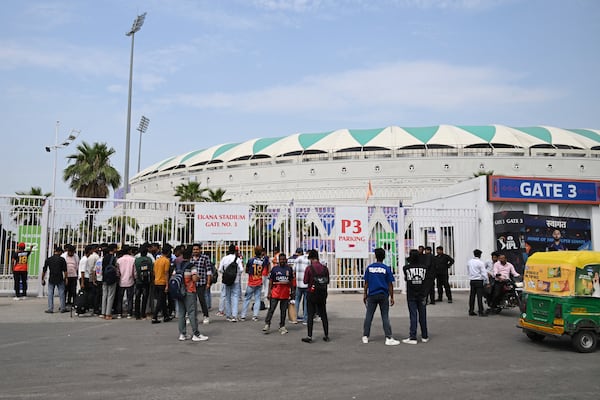 Fans gather outside Atal Bihari Vajpayee Ekana Cricket Stadium after organizers suspended the Indian Premier League for one week following the escalating military tensions with Pakistan, in Lucknow, India, Friday, May 9, 2025. (AP Photo)