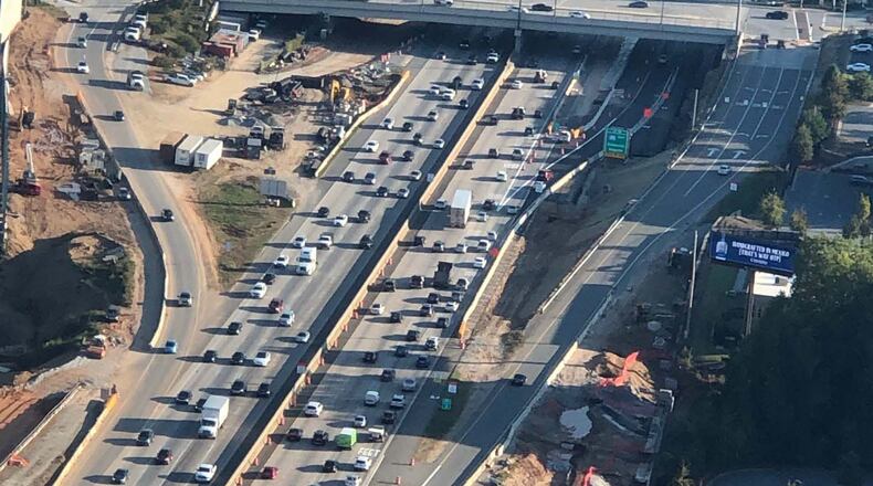 The new GA-400/southbound exit ramp to I-285/eastbound opened last Monday next to Hammond Drive. The new positioning confused some motorists. Credit: Doug Turnbull, WSB Skycopter