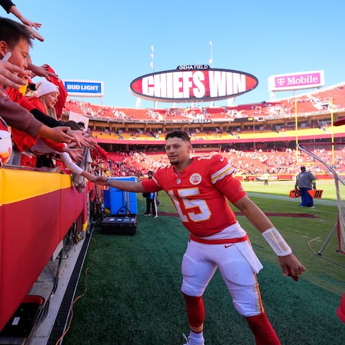 Kansas City Chiefs quarterback Patrick Mahomes (15) heads off the field following an NFL football game against the Las Vegas Raiders Sunday, Oct. 19, 2025, in Kansas City, Mo. (AP Photo/Charlie Riedel)