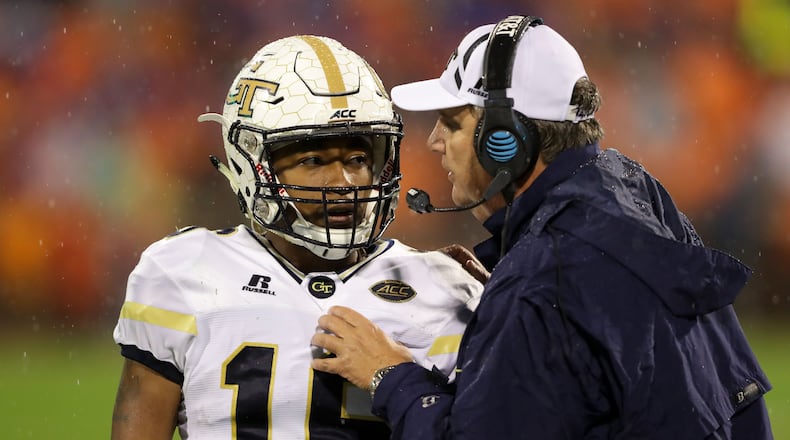 CLEMSON, SC - OCTOBER 28: (L-R) TaQuon Marshall #16 talks to his head coach Paul Johnson of the Georgia Tech Yellow Jackets during their game against the Clemson Tigers at Memorial Stadium on October 28, 2017 in Clemson, South Carolina. (Photo by Streeter Lecka/Getty Images)