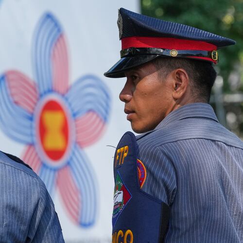Police guard outside the venue of the 59th ASEAN Foreign Ministers' Meeting, Post-Ministerial Conferences, and the 50th Anniversary of the Treaty of Amity and Cooperation in Southeast Asia on Monday, July 20, 2026, in Manila, Philippines. (AP Photo/Aaron Favila)