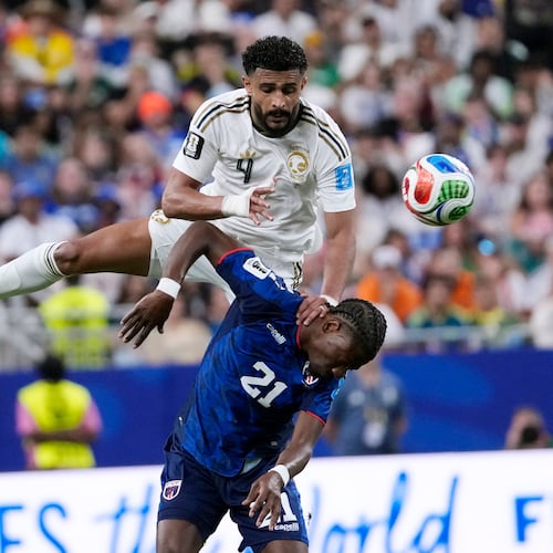 Saudi Arabia's Abdulelah Alamri (4) and Cape Verde's Nuno da Costa (21) collide was they try to head the ball during the second half of the World Cup Group H soccer match in Houston, Friday, June 26, 2026. (AP Photo/David J. Phillip)
