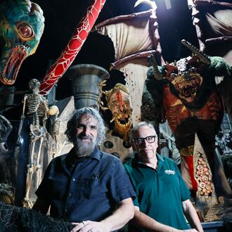 Billy Messina (left) and Ben Armstrong, the founders of Netherworld, pose for a photo at one of the haunted houses in Stone Mountain, Atlanta, on Thursday, Sept. 10, 2026. As they enter their 30th season, Netherworld operates two haunted attractions in a 70,000-square-foot warehouse and employs about 500 people each season. (Miguel Martinez/AJC)