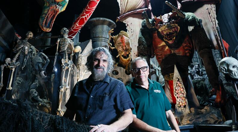 Billy Messina (left) and Ben Armstrong, the founders of Netherworld, pose for a photo at one of the haunted houses in Stone Mountain, Atlanta, on Thursday, Sept. 10, 2026. As they enter their 30th season, Netherworld operates two haunted attractions in a 70,000-square-foot warehouse and employs about 500 people each season. (Miguel Martinez/AJC)