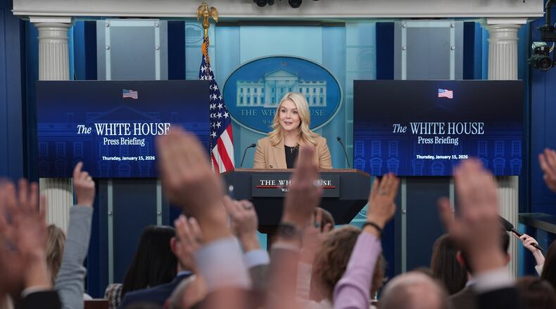 White House press secretary Karoline Leavitt speaks with reporters in the James Brady Press Briefing Room at the White House, Thursday, Jan. 15, 2026, in Washington. (AP Photo/Evan Vucci)