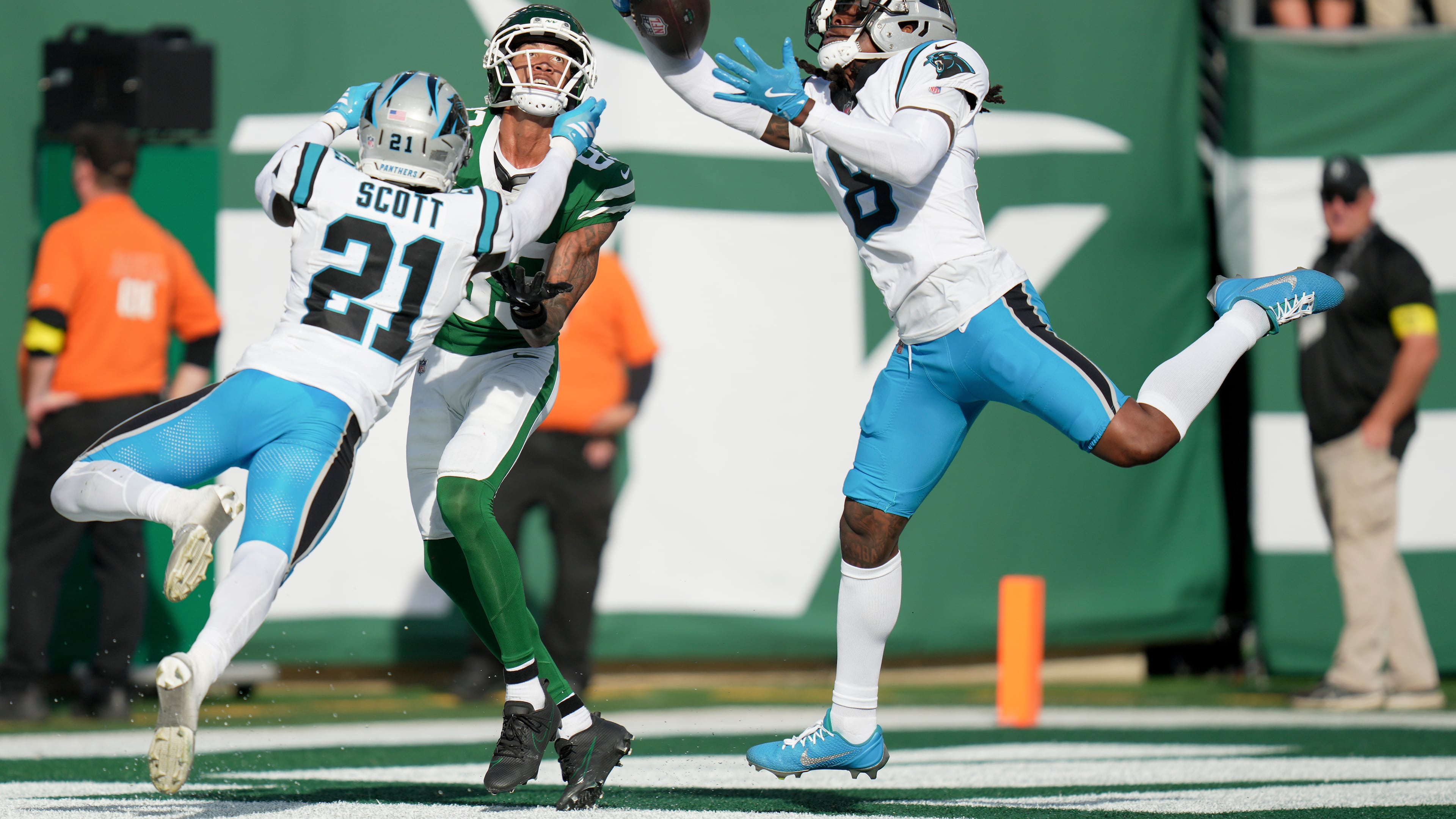 Jaycee Horn's two interceptions helped lift the Panthers to a win over the winless New York Jets. (Angelina Katsanis/AP)