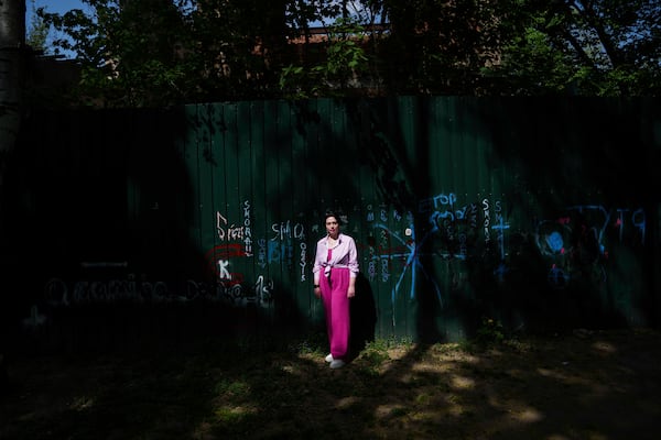 Olha Kurtmalaieva stands in a park in Kyiv, Ukraine, on Wednesday, April 23, 2025. (AP Photo/Evgeniy Maloletka)