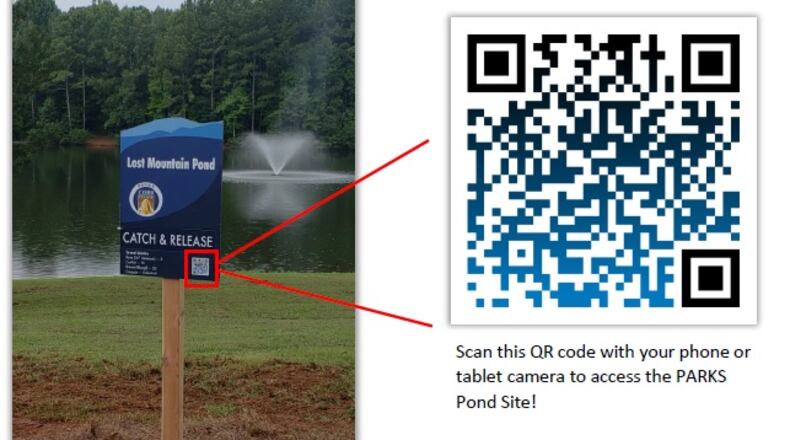 Quickly, information on fishing status now is available by using the QR code on signs that have been installed at Cobb County's nine fishing ponds. (Courtesy of Cobb County)