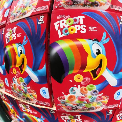 FILE - This is a display of Kellogg's Froot Loops in a Costco in Pittsburgh, Monday, July 14, 2025. (AP Photo/Gene J. Puskar, File)