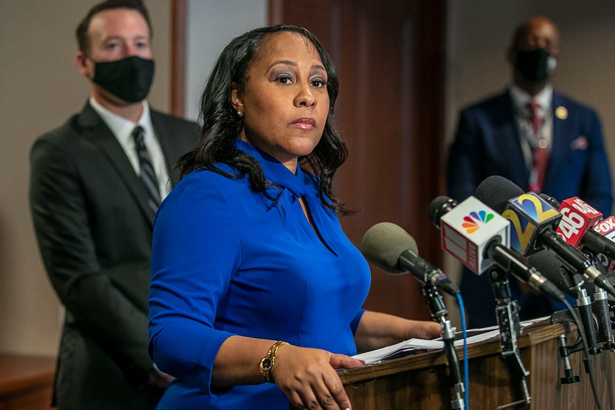 Fulton County District Attorney Fani Willis speaks during a news conference at the Fulton County Courthouse in downtown Atlanta last year. Willis called former President Donald Trump's recent comments about her "ridiculous." (Alyssa Pointer/Atlanta Journal-Constitution/TNS)