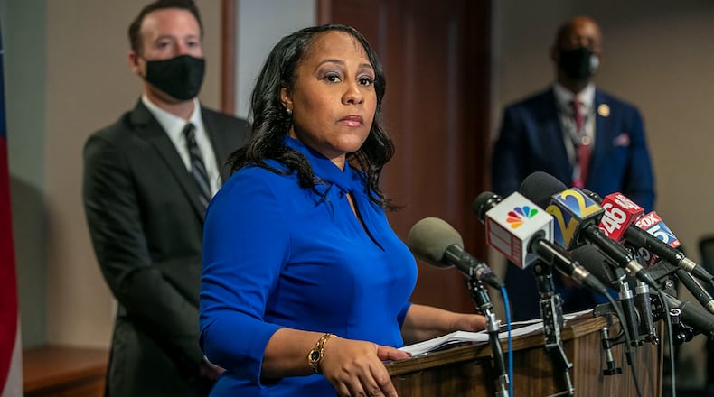 Fulton County District Attorney Fani Willis speaks during a news conference at the Fulton County Courthouse in downtown Atlanta last year. Willis called former President Donald Trump's recent comments about her "ridiculous." (Alyssa Pointer/Atlanta Journal-Constitution/TNS)