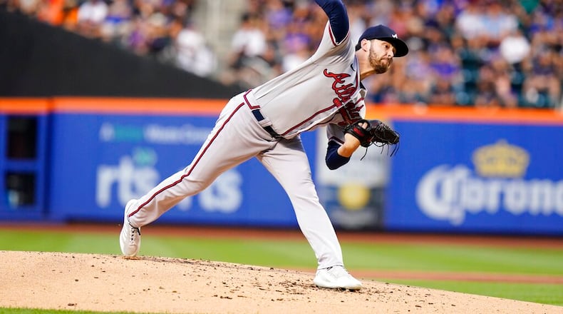 Atlanta Braves' Ian Anderson pitches during the first inning of a baseball game against the New York Mets Friday, Aug. 5, 2022, in New York. (AP Photo/Frank Franklin II)