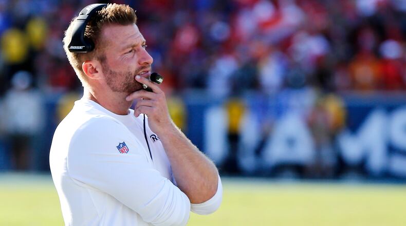 Rams head coach Sean McVay looks on during the fourth quarter against the Tampa Bay Buccaneers Sept. 29, 2019,  at Los Angeles Memorial Coliseum in Los Angeles.