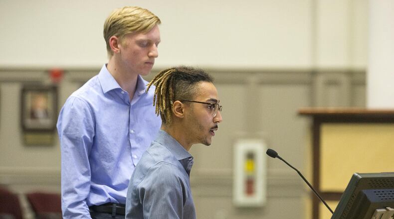 Parkview High School seniors Adam Lux (left) and Jacob Bowerman speak to members of the Gwinnett County Public School board during a meeting in Suwanee, Thursday, March 21, 2019. (ALYSSA POINTER/ALYSSA.POINTER@AJC.COM)