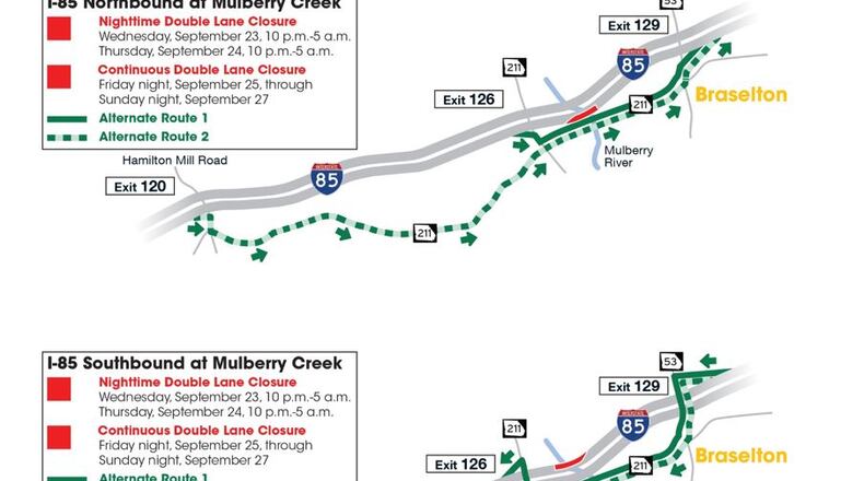 Bridge construction activities on Interstate 85 at the bridges over Mulberry River near Braselton will require double-lane closures in both directions. (Courtesy GDOT)