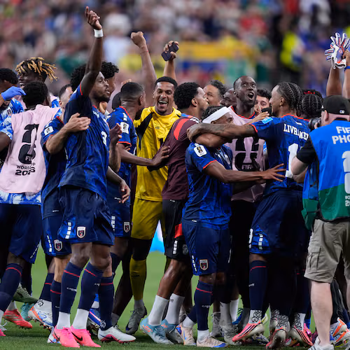 Cape Verde team members celebrate after the World Cup Group H soccer match between Cape Verde and Saudi Arabia in Houston, Friday, June 26, 2026. (AP Photo/Ashley Landis)