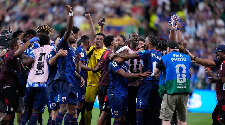 Cape Verde team members celebrate after the World Cup Group H soccer match between Cape Verde and Saudi Arabia in Houston, Friday, June 26, 2026. (AP Photo/Ashley Landis)