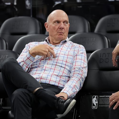 FILE - Los Angeles Clippers owner Steve Ballmer sits on the sideline before an NBA basketball game against the Chicago Bulls on March 13, 2026, in Inglewood, Calif. (AP Photo/Ryan Sun, File)
