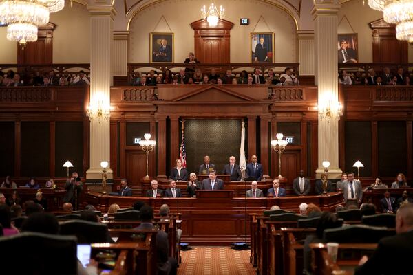 FILE - Illinois Gov. JB Pritzker delivers his State of the State and budget address before the General Assembly at the Illinois State Capitol, Feb. 19, 2025. (Brian Cassella/Chicago Tribune via AP, Pool, File)