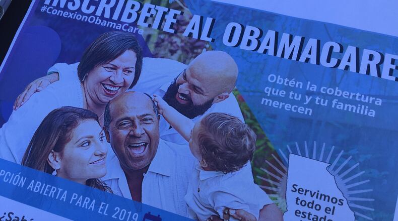 In 2018, Georgia’s navigator for assistance in signing up for Obamacare 2019 plans was Georgia Refugee Health and Mental Health. The group focused on “left behind” immigrant populations for sign-ups and also had English-language resources for non-immigrants. This printout was at its public information table at the Plaza Las Americas mall in Lilburn in November. (PHOTO by Ariel Hart / ahart@ajc.com)