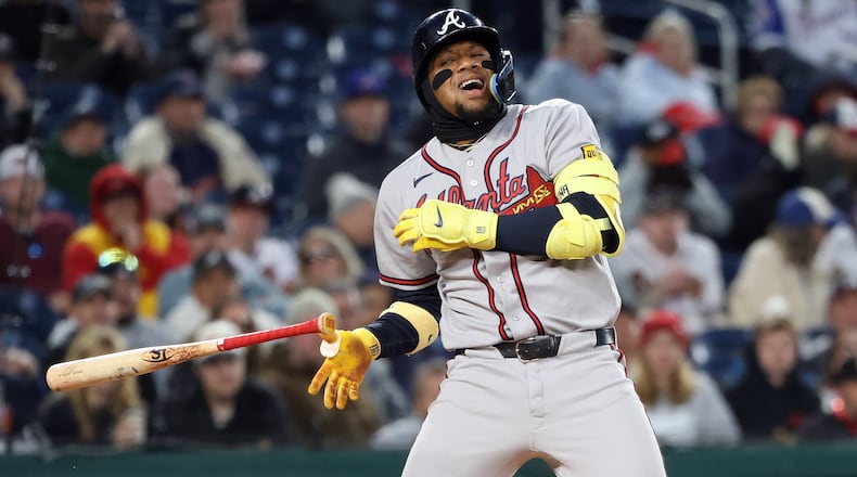 Ronald Acuña Jr. is hit by a pitch during the fourth inning of a baseball game against the Nationals on Monday, April 20, 2026, in Washington. The Braves star was hit by two different pitches, leaving the game in the sixth inning. (Daniel Kucin Jr./AP)