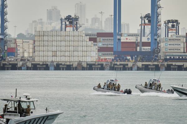 U.S. military take part in a joint drill with Panamanian troops at the Panama Canal during the visit of U.S. Defense Secretary Pete Hegseth to the Port of Rodman in West Panama, Tuesday, April 8, 2025. (AP Photo/Matias Delacroix)