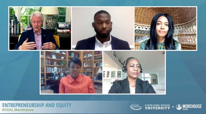 Former President Bill Clinton, upper left in this image, leads a discussion on economic empowerment in African American communities during an Oct. 8, 2020 workshop organized by his foundation and Morehouse College. Photo courtesy: Clinton Global Initiative University and Morehouse College.