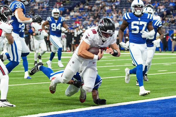 Falcons quarterback Jack Strand runs for a touchdown against the Colts on Saturday, Aug. 22, 2026, in Indianapolis. “Jack is not being ruled out for this game,” coach Kevin Stefanski says of this Sunday’s matchup against the Panthers. (AJ Mast/AP)
