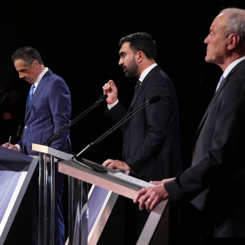 Independent candidate former New York Gov. Andrew Cuomo, Republican candidate Curtis Sliwa and Democratic candidate Assemblyman Zohran Mamdani participate in a second New York City mayoral debate at LaGuardia Performing Arts Center at LaGuardia Community College in the Queens borough of New York, Wednesday, Oct. 22, 2025. (Hiroko Masuike/The New York Times via AP, Pool)