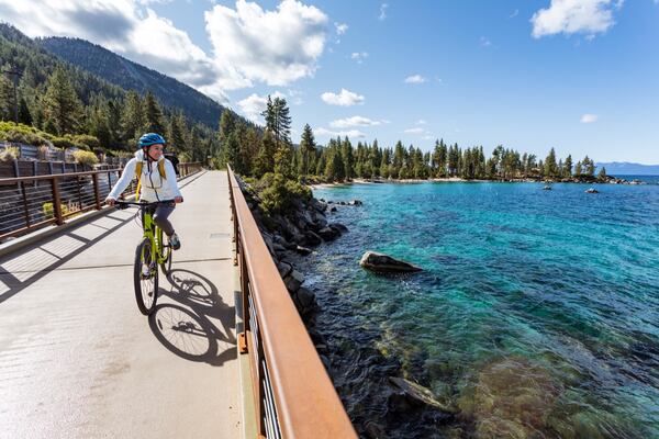 The 3-mile-long Tahoe East Shore Trail takes you from Incline Village to Sand Harbor State Park from the water's edge.