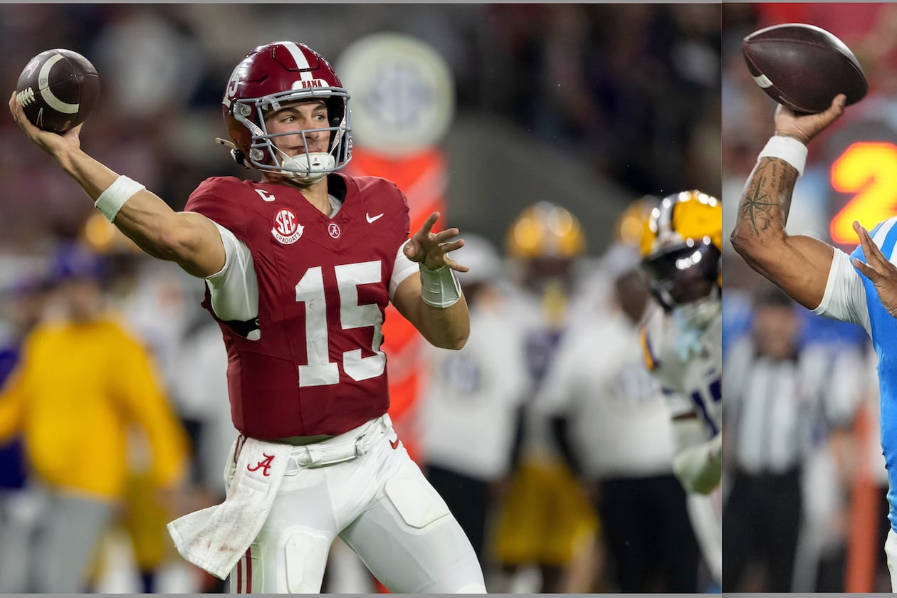 Alabama and quarterback Ty Simpson (left) can clinch a spot in the SEC title game to face Georgia with a win over Auburn at 7:30 p.m. Saturday. But if the Tide loses, Ole Miss and quarterback Trinidad Chambliss will play the Bulldogs. (AP)