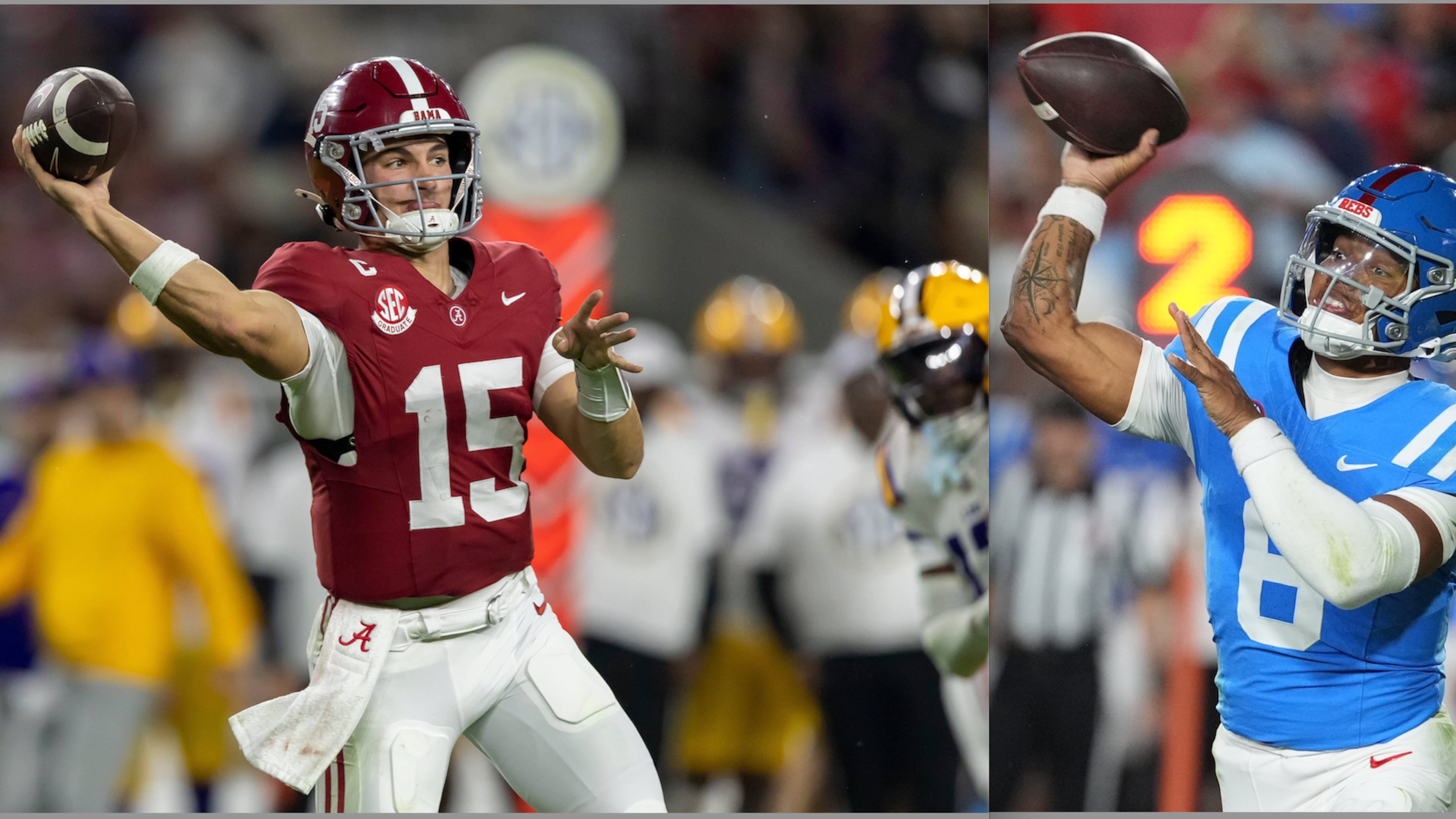Alabama and quarterback Ty Simpson (left) can clinch a spot in the SEC title game to face Georgia with a win over Auburn at 7:30 p.m. Saturday. But if the Tide loses, Ole Miss and quarterback Trinidad Chambliss will play the Bulldogs. (AP)