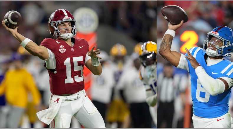 Alabama and quarterback Ty Simpson (left) can clinch a spot in the SEC title game to face Georgia with a win over Auburn at 7:30 p.m. Saturday. But if the Tide loses, Ole Miss and quarterback Trinidad Chambliss will play the Bulldogs. (AP)