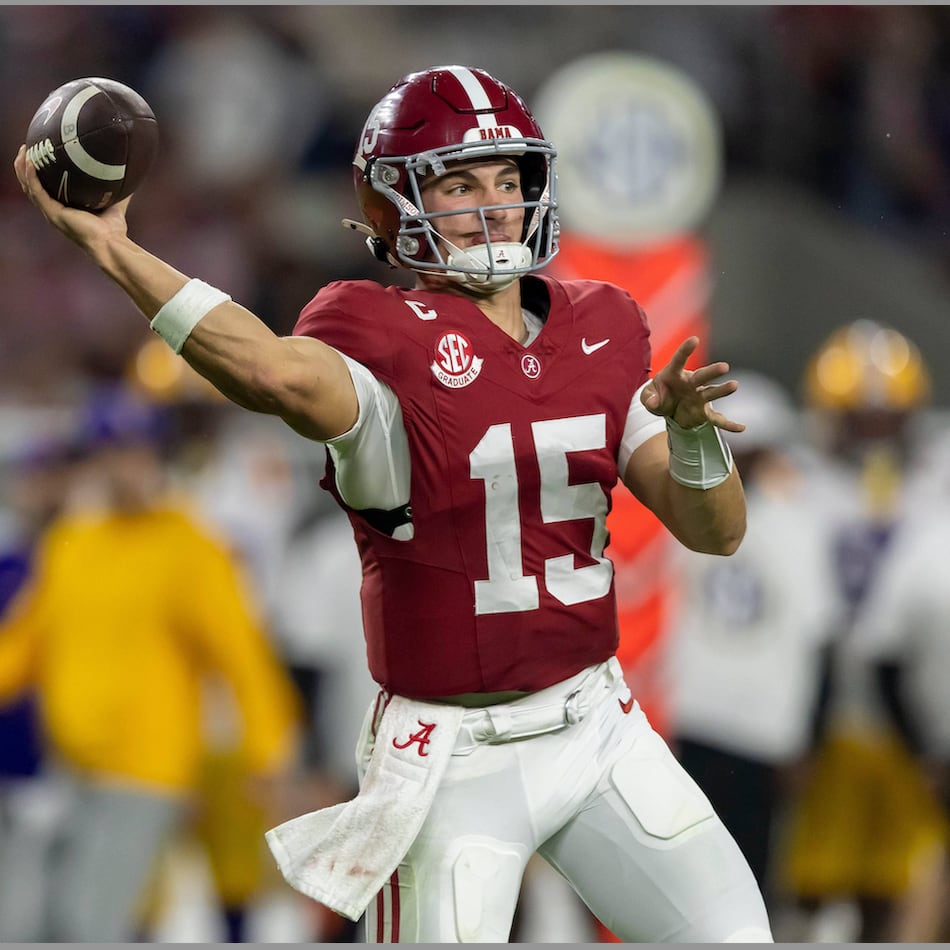Alabama and quarterback Ty Simpson (left) can clinch a spot in the SEC title game to face Georgia with a win over Auburn at 7:30 p.m. Saturday. But if the Tide loses, Ole Miss and quarterback Trinidad Chambliss will play the Bulldogs. (AP)