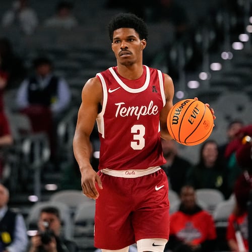 FILE - Temple's Hysier Miller dribbles up court against UAB during the first half of an NCAA college basketball game in the championship of the American Athletic Conference tournament, March 17, 2024, in Fort Worth, Texas. (AP Photo/Julio Cortez, File)