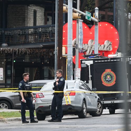 FILE - The Austin Police Department and the FBI investigate a shooting at Buford's on 6th Street on Sunday, March 1, 2026, in Austin, Texas. (AP Photo/Jack Myer, File)