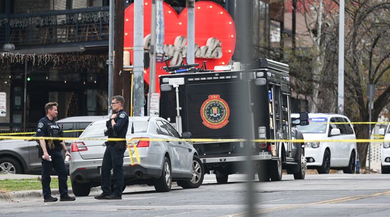FILE - The Austin Police Department and the FBI investigate a shooting at Buford's on 6th Street on Sunday, March 1, 2026, in Austin, Texas. (AP Photo/Jack Myer, File)