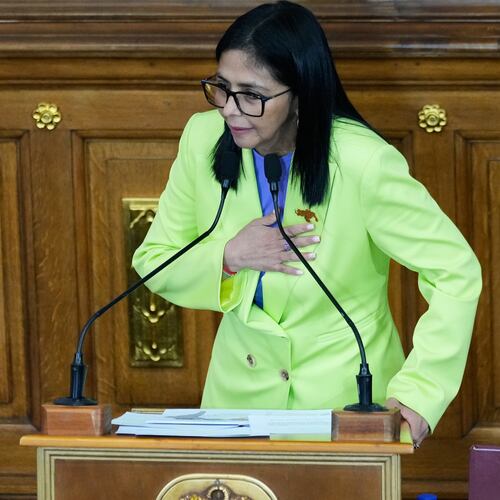 Venezuela's acting President Delcy Rodriguez addresses the National Assembly in Caracas, Venezuela, Thursday, Jan. 15, 2026. (AP Photo/Ariana Cubillos)
