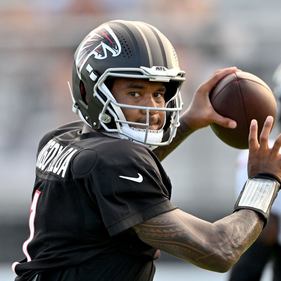 Falcons quarterback Tua Tagovailoa throws during a Saturday Night Lights practice at Lanier High School on Saturday, Aug. 8, 2026, in Sugar Hill. Tagovailoa will start in Friday’s preseason game against the Broncos. (Hyosub Shin/AJC)