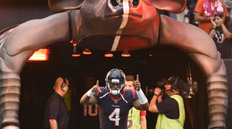Houston Texans quarterback Deshaun Watson is introduced prior to Sunday’s game at NRG Stadium in Houston. The rookie led the Texans to a definitive 57-14 victory over the Tennessee Titans. CREDIT: Eric Christian Smith/Associated Press