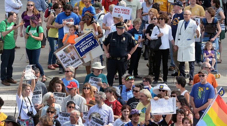 In this April file photo, protesters head for a sit-in against House Bill 2 in Raleigh, N.C. Chuck Liddy/The News & Observer via AP