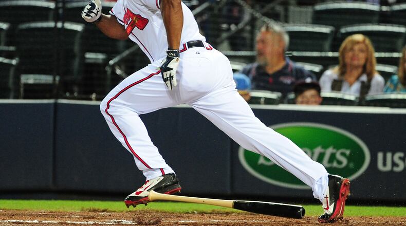ATLANTA, GA - SEPTEMBER 30: Michael Bourn #2 of the Atlanta Braves knocks in a run with a second inning double against the Washington Nationals at Turner Field on September 30, 2015 in Atlanta, Georgia. (Photo by Scott Cunningham/Getty Images)