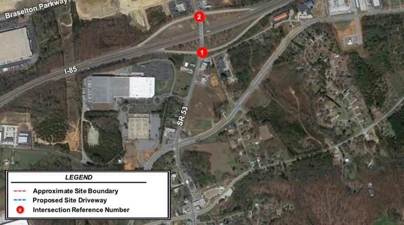 A traffic study submitted with plans for a 77-acre project at the intersection of Ga 53 and Braselton Parkway shows 5 proposed driveways in blue. (Courtesy Town of Braselton)