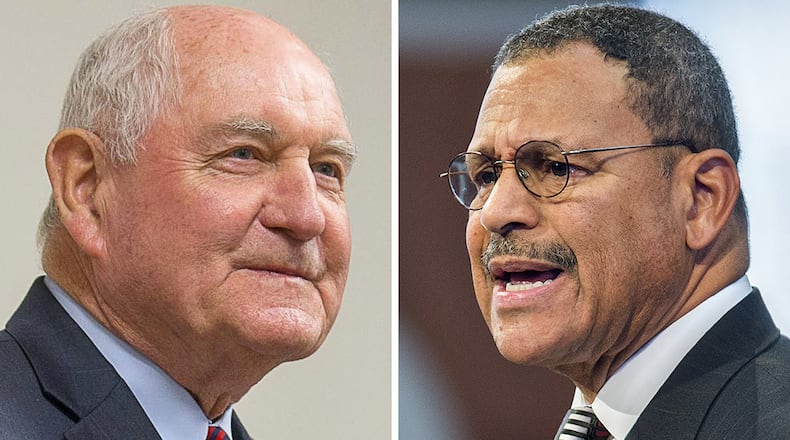 Republican U.S. Secretary of Agriculture Sonny Perdue, left, and Democratic U.S. Rep. Sanford Bishop of Albany have long been allies in a relationship that dates to 1991, when they both entered the Georgia Senate. But they are currently at odds over Perdue’s plan to relocate the headquarters of two research divisions of his department, possibly in Athens or Griffin.