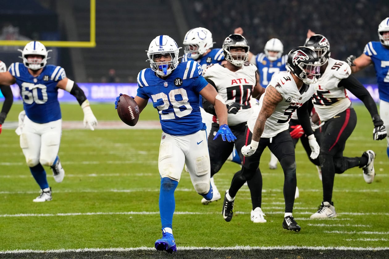 The Falcons defense were able to make some plays and force turnovers, but they could not stop Colts' running back Jonathan Taylor, who piled up 244 yards on the ground. (Martin Meissner/AP)