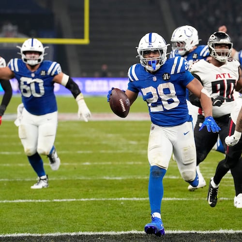 The Falcons defense were able to make some plays and force turnovers, but they could not stop Colts' running back Jonathan Taylor, who piled up 244 yards on the ground. (Martin Meissner/AP)