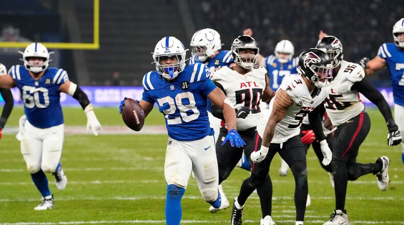 The Falcons defense were able to make some plays and force turnovers, but they could not stop Colts' running back Jonathan Taylor, who piled up 244 yards on the ground. (Martin Meissner/AP)