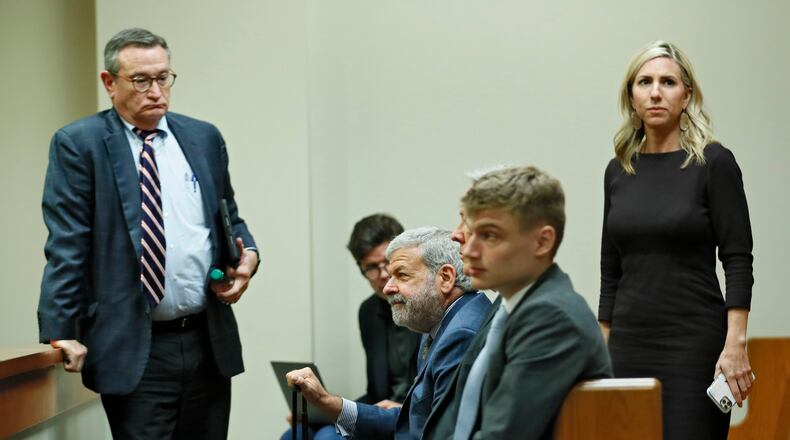 October 11, 2019 - Decatur - The defense team, including (from left), Richard Hyde, Don Samuel, Lucas Alfen and Amanda Clark Palmer, wait for another case to clear the courtroom so that they can take up some questions from the jury. Jury deliberations in the Robert "Chip" Olsen murder trial entered their fifth day. Bob Andres / robert.andres@ajc.com