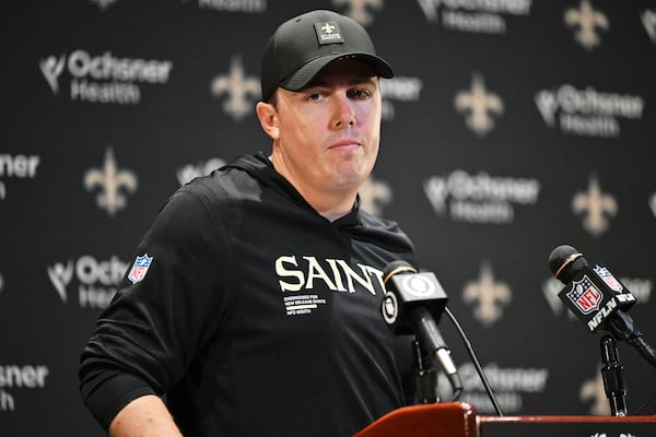 Saints head coach Kellen Moore during a recent news conference.