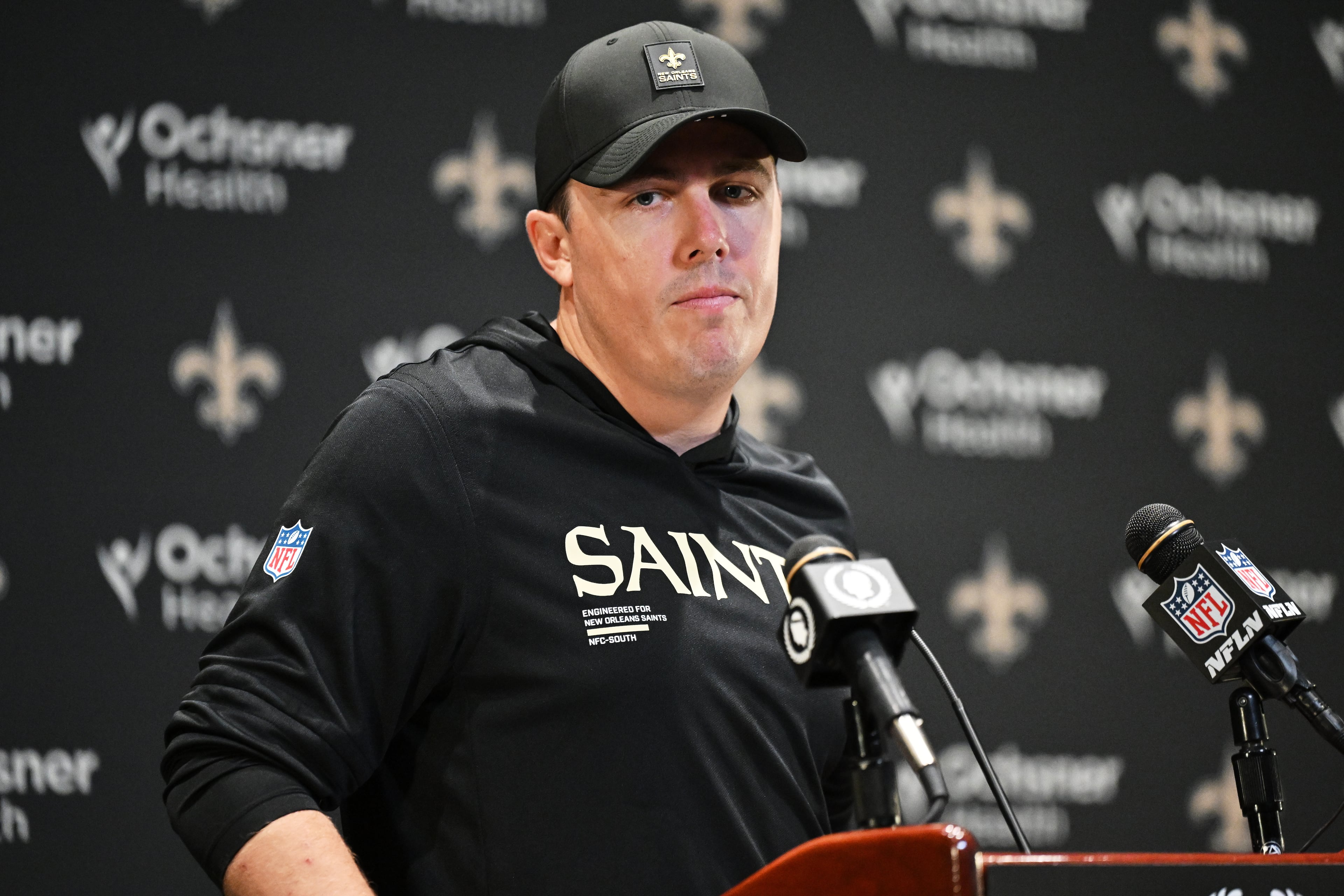 Saints head coach Kellen Moore during a recent news conference.